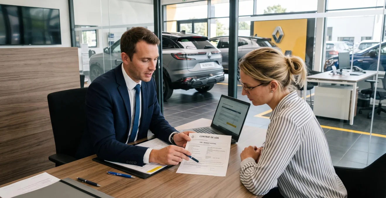 Un conseiller financier explique un contrat de location avec option d'achat à un client dans un bureau moderne, avec un véhicule visible en arrière-plan à travers une vitre.