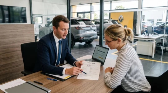 Un conseiller financier explique un contrat de location avec option d'achat à un client dans un bureau moderne, avec un véhicule visible en arrière-plan à travers une vitre.