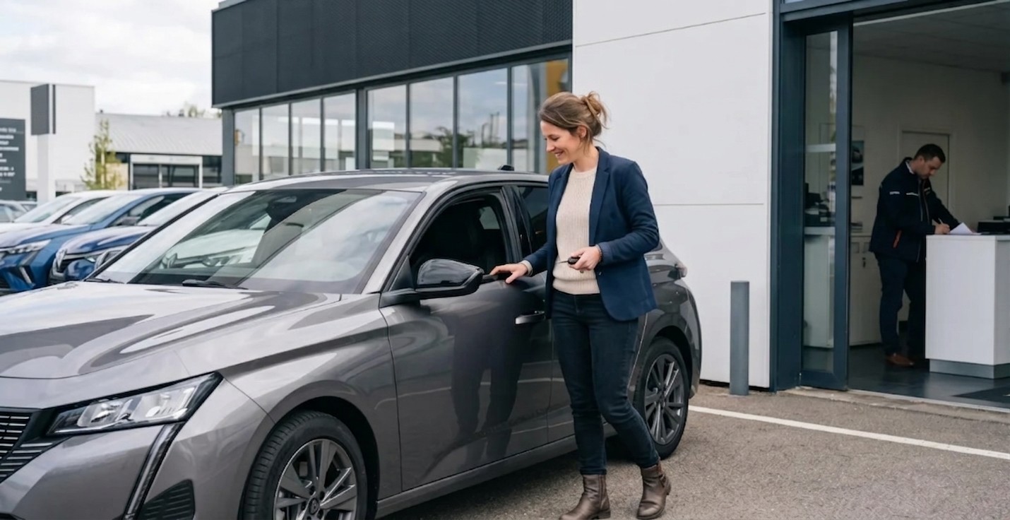 Une jeune professionnelle découvre son véhicule nouvellement loué en formule LOA dans l'espace extérieur d'une concession automobile.